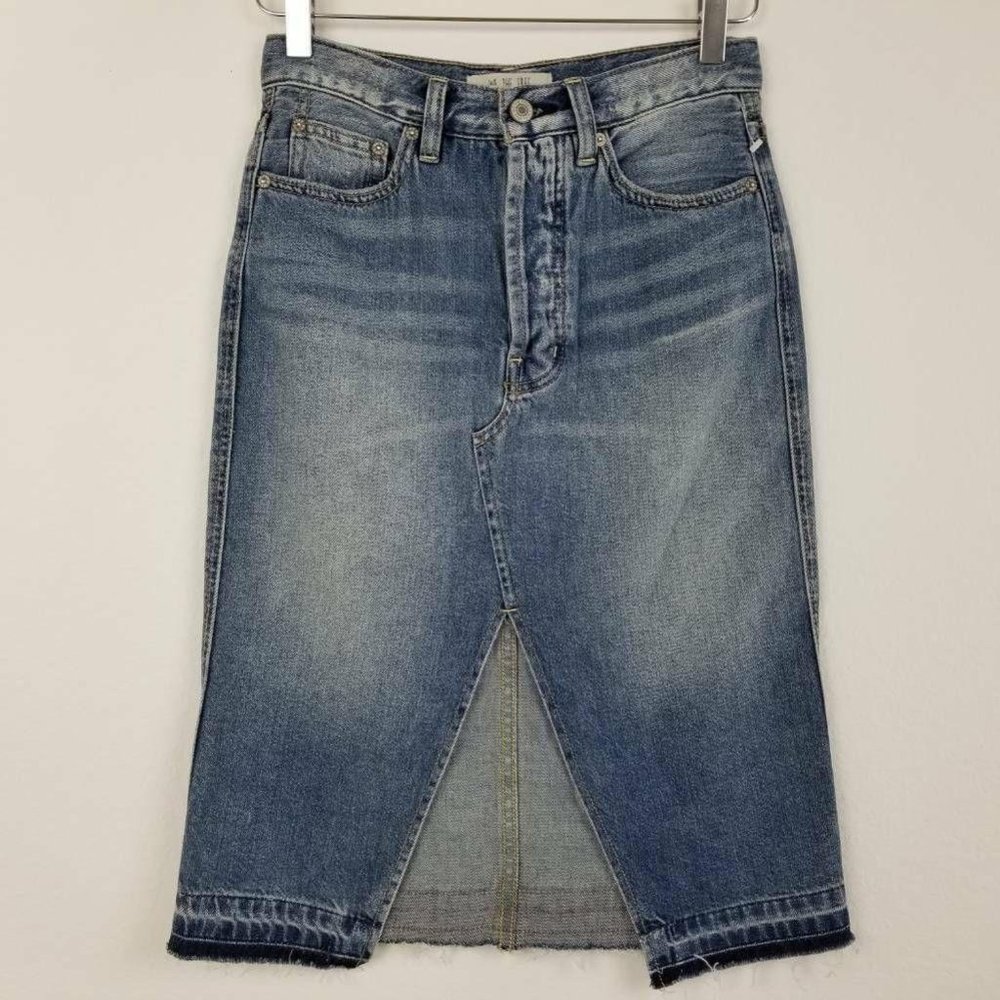 Free People Denim Pencil Skirt Blue Jean Slit 24